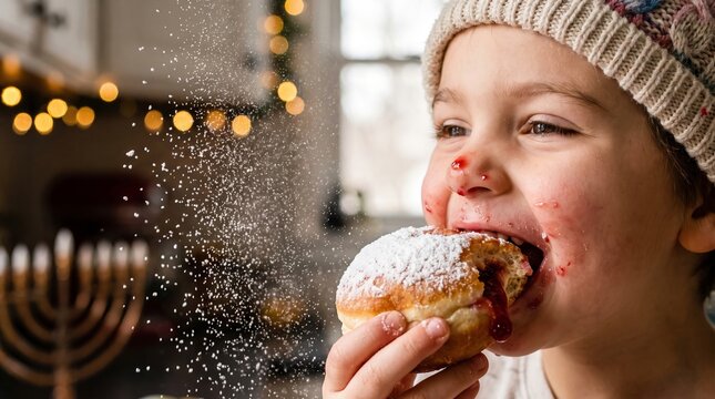 Child eating powdered donut with sugar falling indoors during holiday season