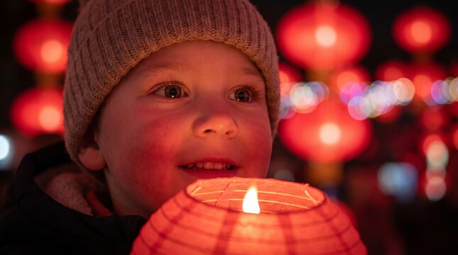 Child gazing at glowing candle lantern amid festive lights