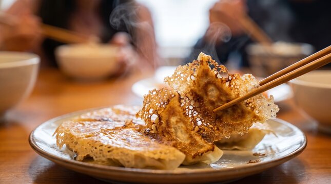 Lifting crispy fried pastry with chopsticks at communal dining table