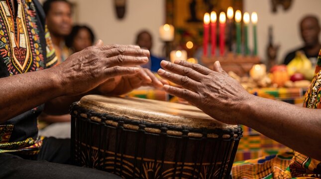 Hands playing African drum during cultural celebration with candles, community gathering