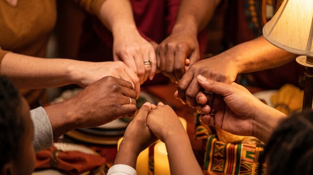 Diverse group joining hands together in circle showing unity, commitment, teamwork