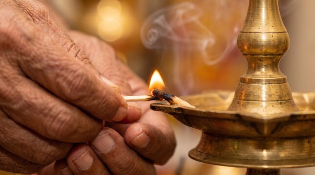 Lighting oil lamp with match in hands, ceremonial flame ignited