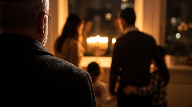 Senior man observing people gathering in warm evening light