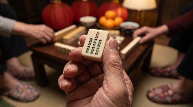 Player holding mahjong tile during game night gathering