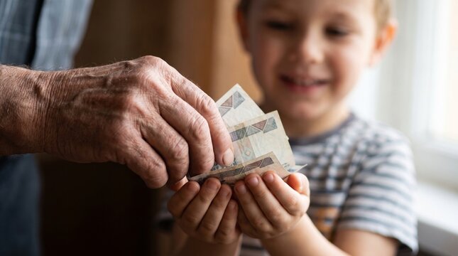 Grandparent giving money to young child, financial education moment