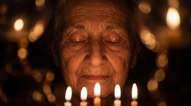 Elderly woman in candlelight meditation, eyes closed in peaceful contemplation