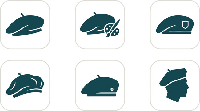 Set of beret hat icons, including classic, artistic, military, and fashion styles, vector illustration
