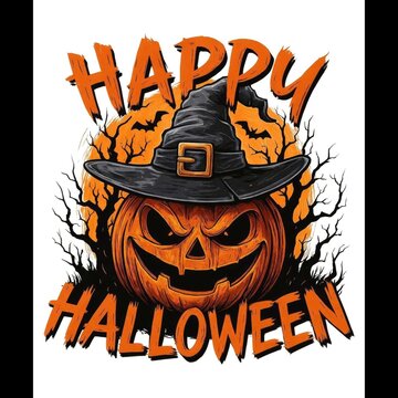 Halloween pumpkin with sinister grin wearing witch hat surrounded by spooky tree branches and festive lettering