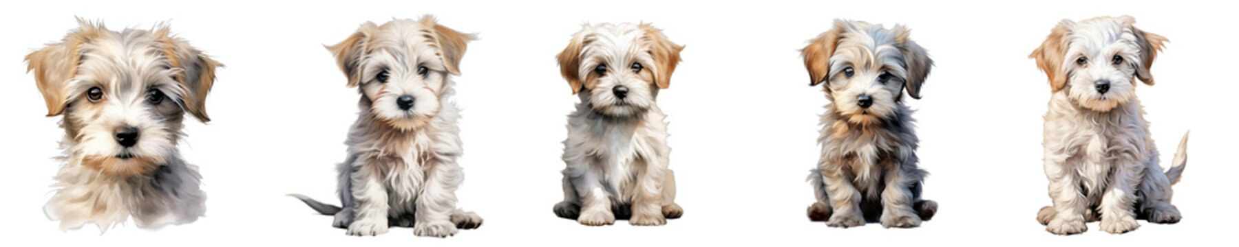 Collection of adorable maltipoo puppies in various poses isolated on black backdrop