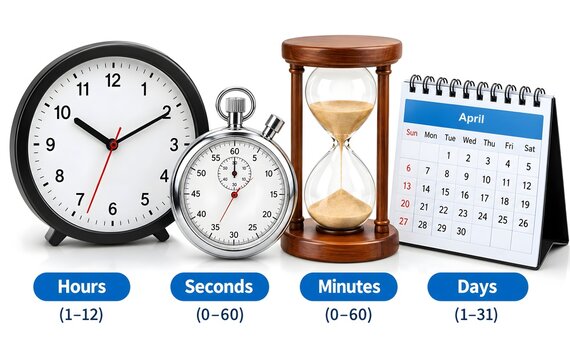 Clock Stopwatch and Hourglass Timekeeping Instruments Illustration