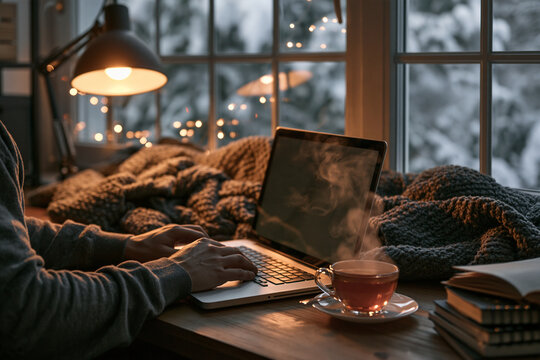 Hands working at home desk beside snowy winter window