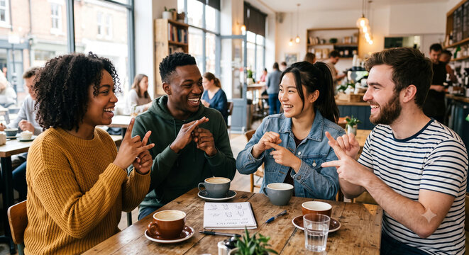 Diverse friends practicing sign language gestures together in bright cafe.