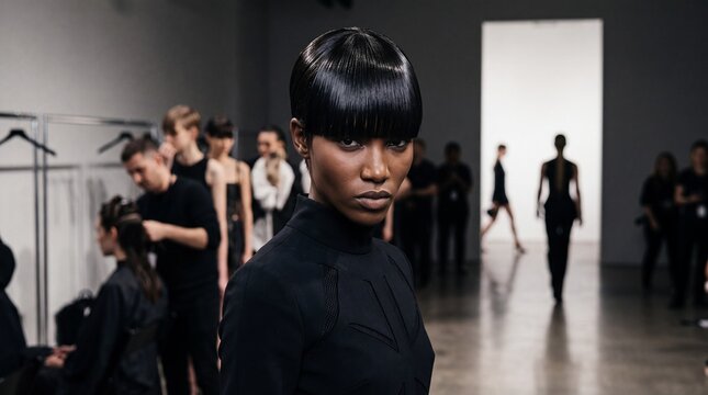 High fashion model with sleek futuristic bangs posing at fashion show backstage