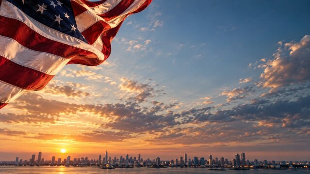 American Flag Waving Over City Skyline at Sunset with Patriotic Copy Space