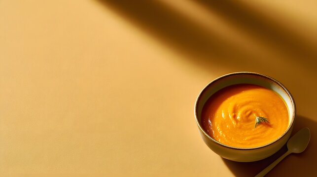 Bowl of creamy orange vegetable soup with herbs on a warm background