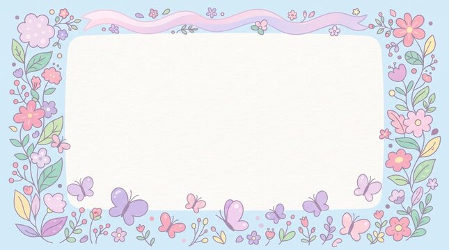 Cute watercolor floral border frame with butterflies on white paper, pastel flowers and leaves with copy space, greeting card template for kids invitations, weddings and stationery designs.