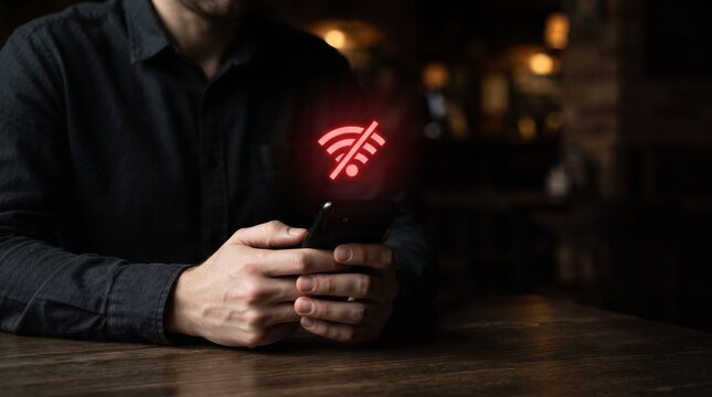 Person holding smartphone with red WiFi icon in dark bar, wooden table and bokeh lights, wireless internet connection concept with copy space for nightlife app promotion, network advertising, and mobi