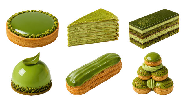 Assortment of glossy green matcha pastries including tart, crepe cake slice, layered cake, mousse dome, &eacute;clair, and macaron tower