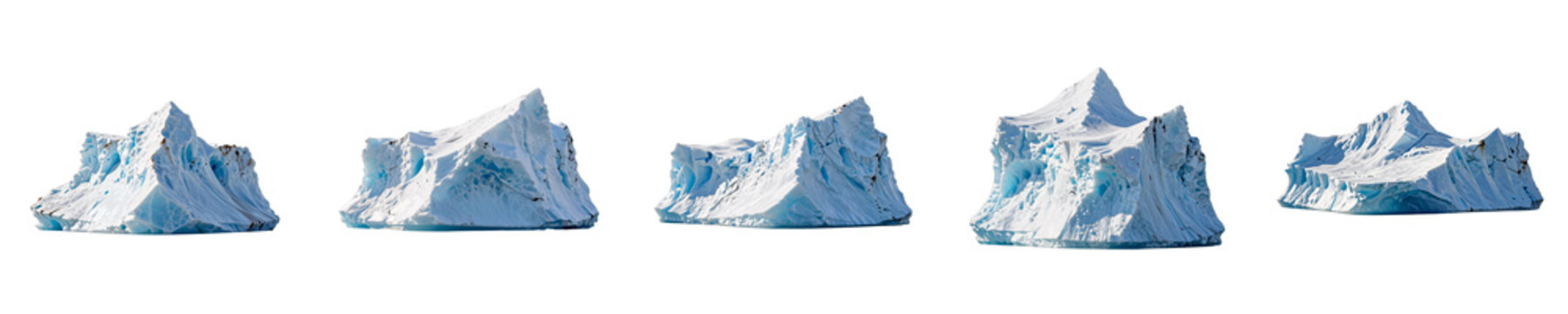 Five different icebergs float against a black background on a sunny day