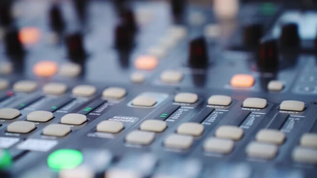 Professional audio mixing console board with faders and buttons