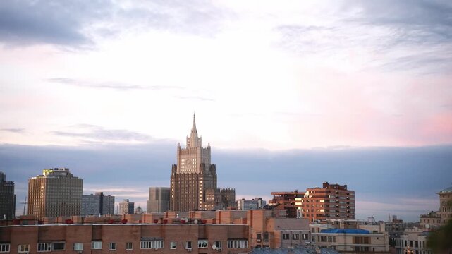 Moscow cityscape with ministry of foreign affairs building at sunset