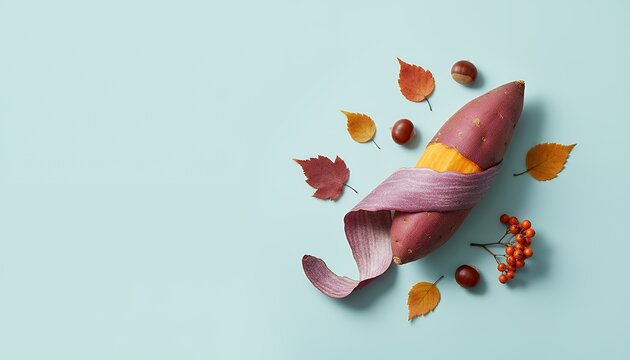 皮をむいたさつまいもと紅葉と栗の秋素材
