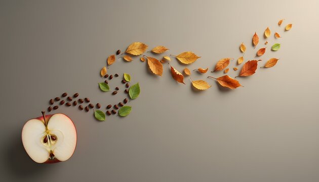 リンゴの種から舞う落ち葉へつながる秋のコンセプト