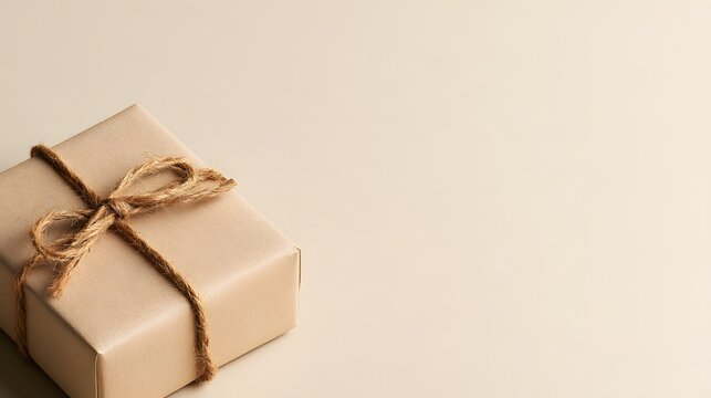 A small gift box wrapped in brown paper and tied with a rustic jute twine string on a beige background