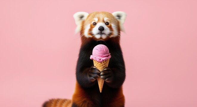 A red panda holds a pink ice cream cone against a soft pink background, looking directly at the viewer. Perfect for fun designs, children's content, or playful marketing materials.