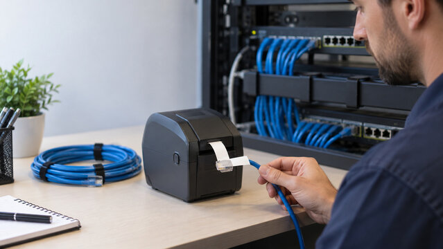 Helpdesk-Techniker bereitet die Beschriftung eines Netzwerkkabels vor