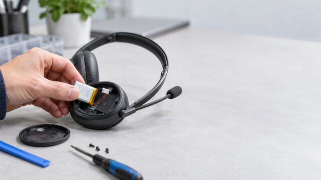 IT-Support wechselt den Akku eines B&uuml;ro-Headsets