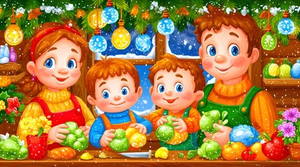 Fototapeta premium decorating a cozy home for a joyful celebration, hanging decorative lights, arranging flowers, preparing food, colorful ornaments, warm interior lighting, wholesome family atmosphere