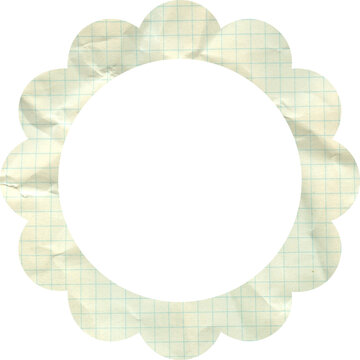 Scalloped circle border with crumpled grid paper texture and blue lines on black background for school stationery design
