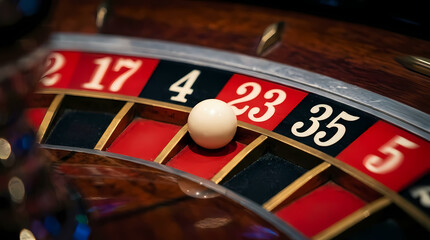 Obraz premium A small white ball spins and lands on number twenty three inside a wooden casino wheel while players wait for the outcome of their bets in a tense atmosphere during a night of gaming at a club