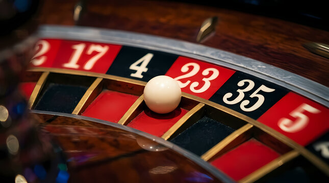 A small white ball spins and lands on number twenty three inside a wooden casino wheel while players wait for the outcome of their bets in a tense atmosphere during a night of gaming at a club