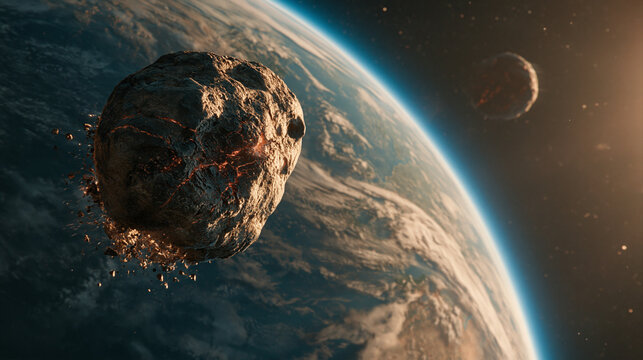 Massive burning asteroid approaching Earth from deep space, dramatic planetary impact and global catastrophe concept, cinematic science fiction scene for disaster and apocalypse themes