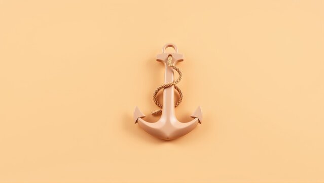 Copper anchor rests upon pale background. Minimalist design, simple composition, nautical theme dominates image. Clean aesthetic.