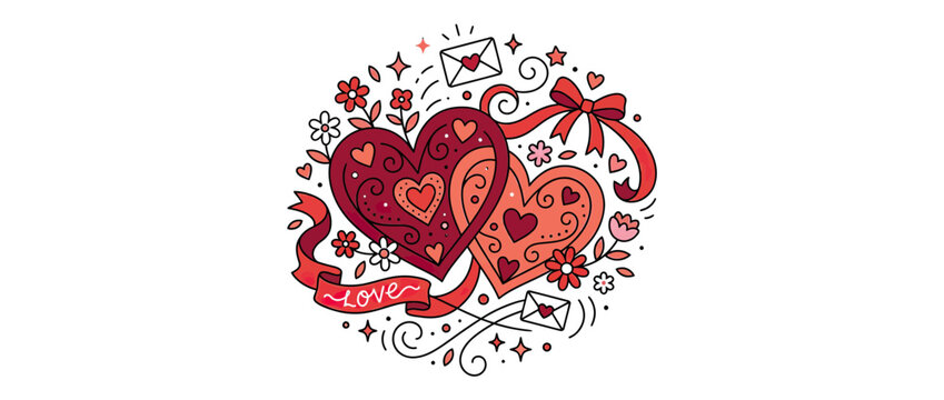 Decorative Hearts with Flowers and Love Ribbon