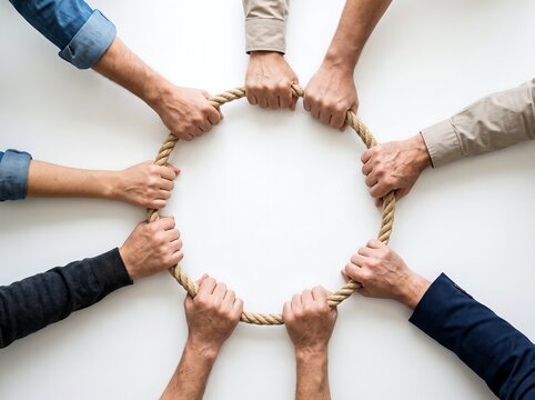 Diverse hands holding circular rope together on white background