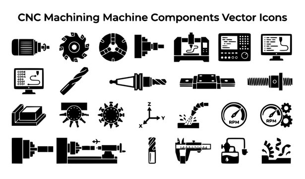 CNC Machining Machine Components Vector Icon Set for Industrial Manufacturing, Milling, Lathe, and Tooling Symbols