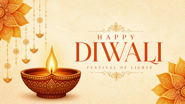 Happy Diwali Festival Of Lights Greeting Banner Vector With Colorful Mandalas And Burning Diya Lamps