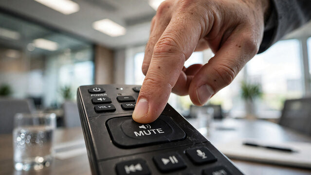 Hand pressing mute button on remote control