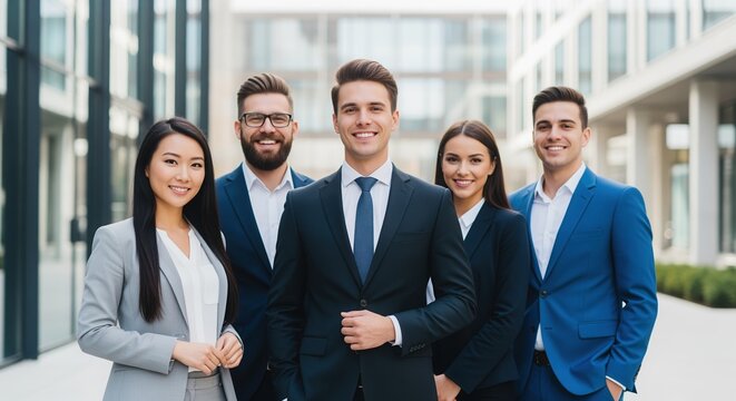 Five professional business people in formal suits stand together outside a modern office building, smiling confidently. Ideal for corporate websites, team profiles, and marketing materials.