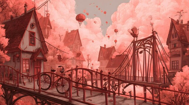 dreamscape with enormous colorful flowers, floating islands, rainbow bridges, sparkling waterfalls, tiny houses, playful characters exploring the sky, imaginative cheerful fantasy atmosphere