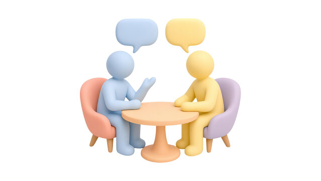 3D isometric people talking at table, pastel clay style character discussion, business meeting with speech bubbles on white background