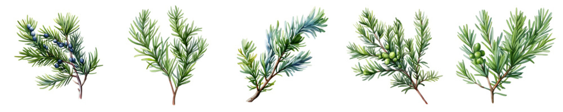 Watercolor botanical illustration set of juniper branches isolated on a black background