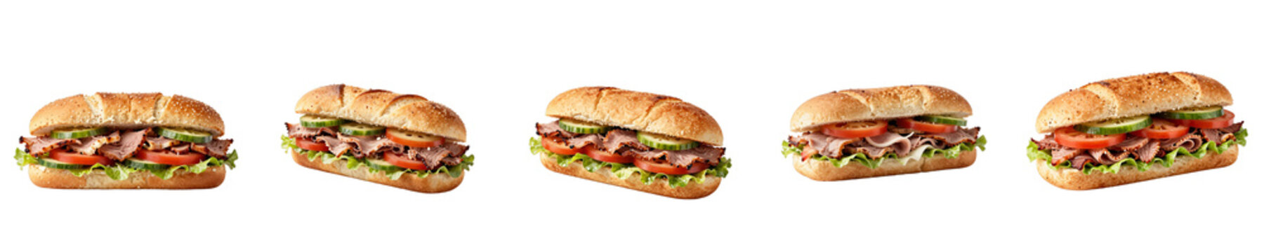 Fresh sub sandwiches lined up in a row on a black backdrop offer a tasty treat