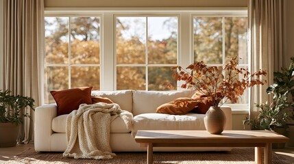 Fototapeta premium Warm and bright living room decorated for fall, with a white sofa, cozy textiles, and a scenic autumn view