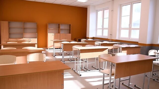 School desks in a row facing the blackboard in an empty classroom