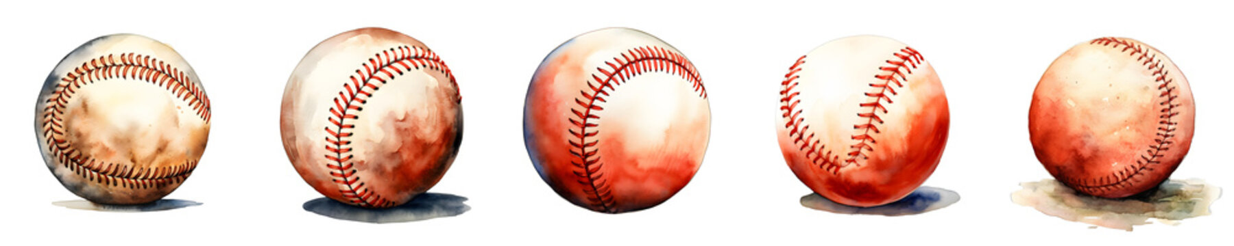 Watercolor style painting of baseballs in a row on a black background